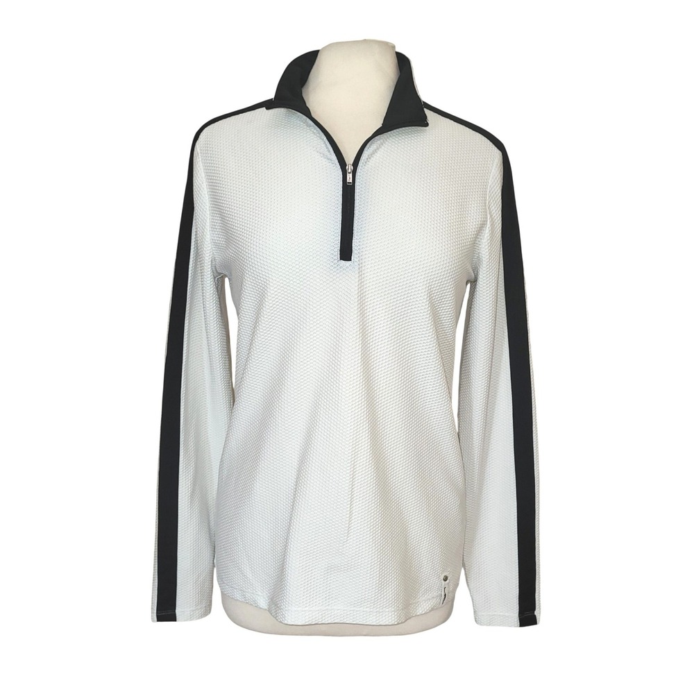 LRL Lauren Active Ivory Black Stripe Waffle Knit Coolmax Long Sleeve Sun Shirt L